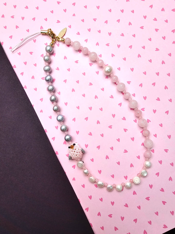 Handcrafted Bird Freshwater Pearl & Rose Quartz Phone Strap PC134