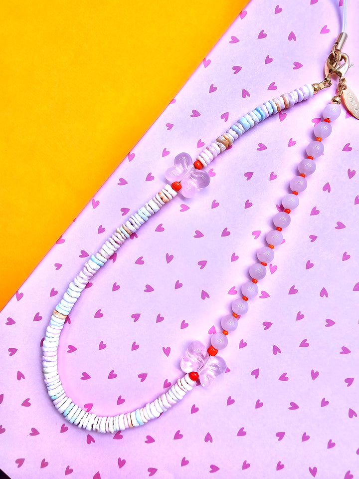 Butterfly Rose Quartz And Colorful Shell Phone Strap PC132