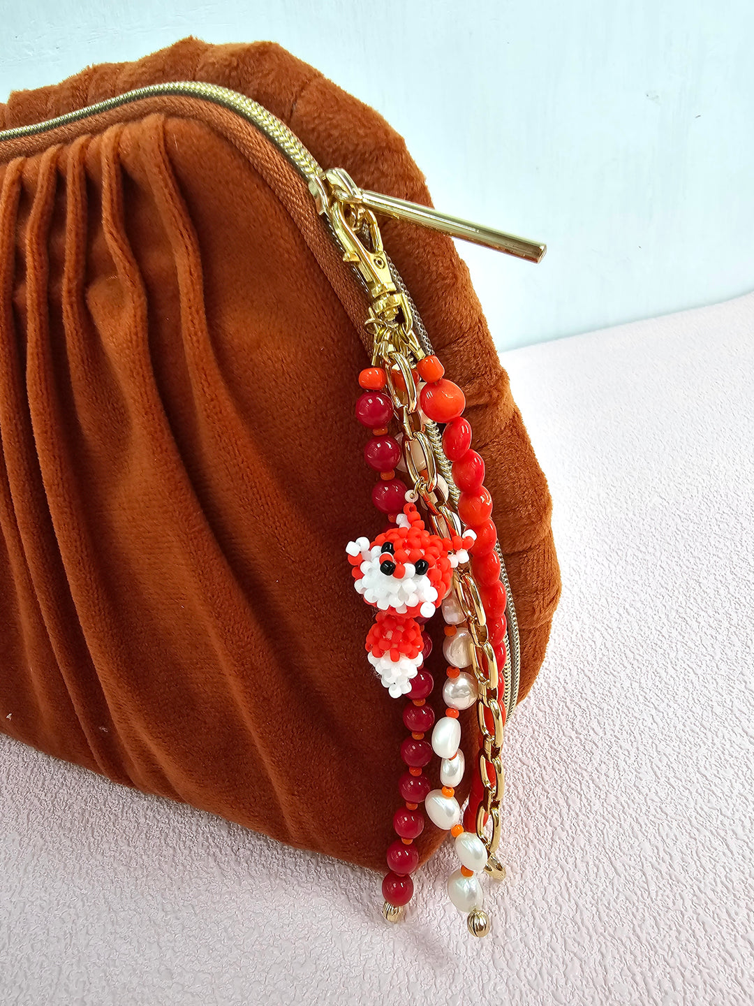 Fox Charm Bamboo Coral And Pearls Tassel Phone Strap / Bag Charm PC112