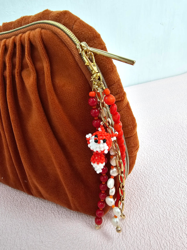 Fox Charm Bamboo Coral And Pearls Tassel Phone Strap / Bag Charm PC112