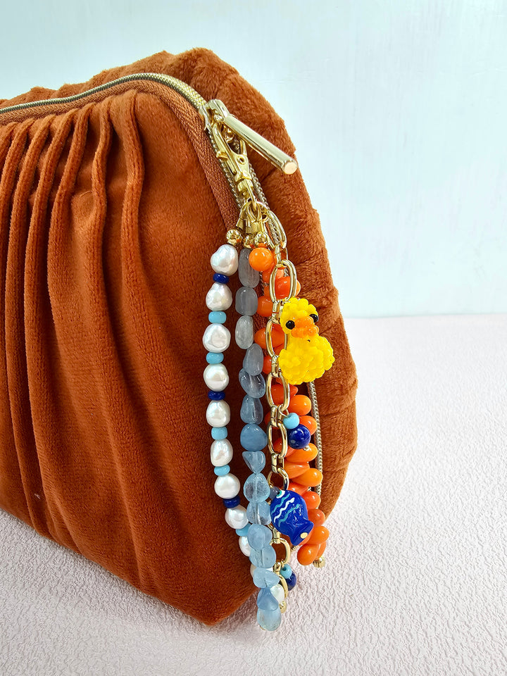 Duck & Fish Coral Aquamarine And Pearls Tassel Phone Strap / Bag Charm PC108