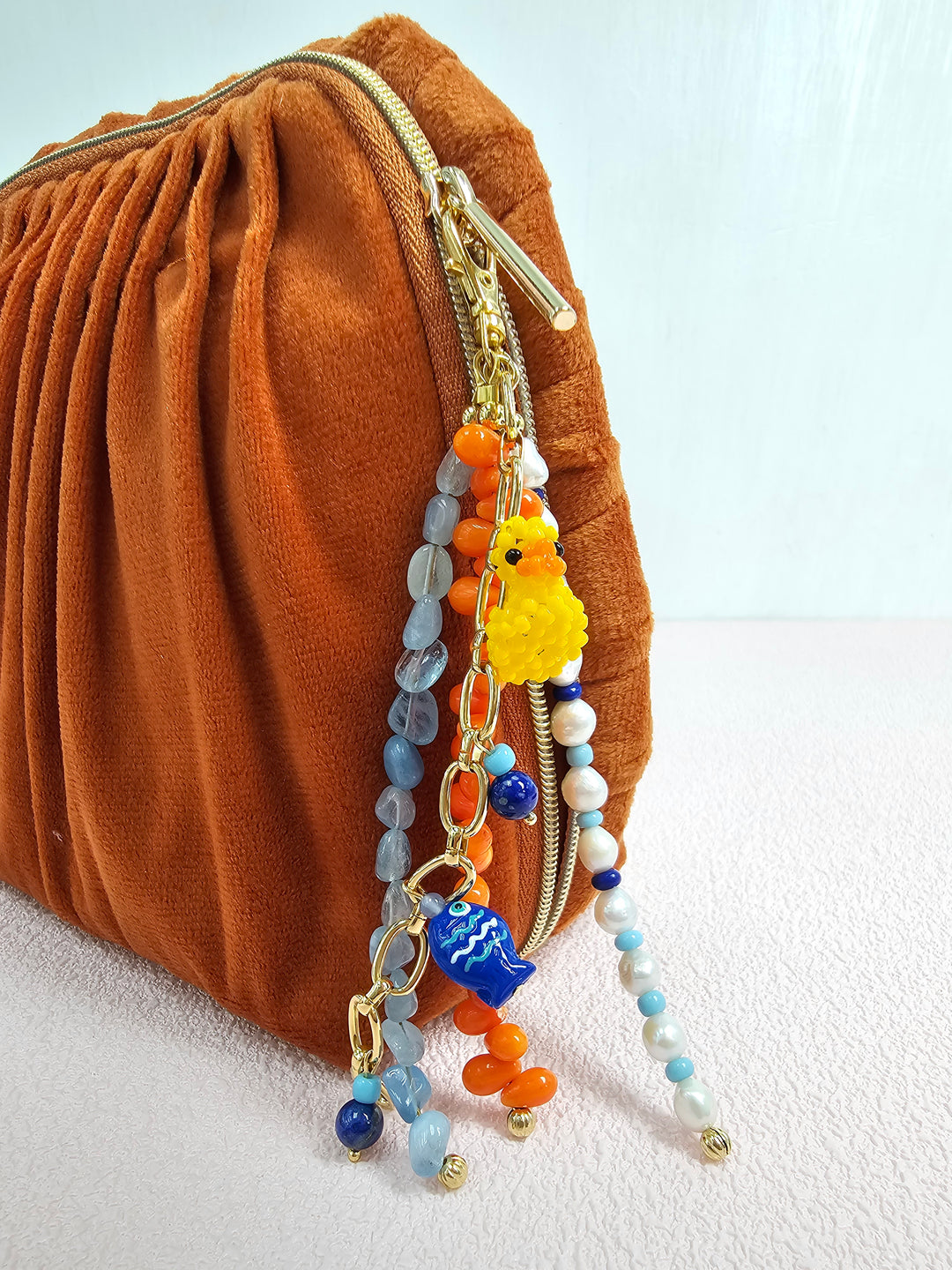 Duck & Fish Coral Aquamarine And Pearls Tassel Phone Strap / Bag Charm PC108