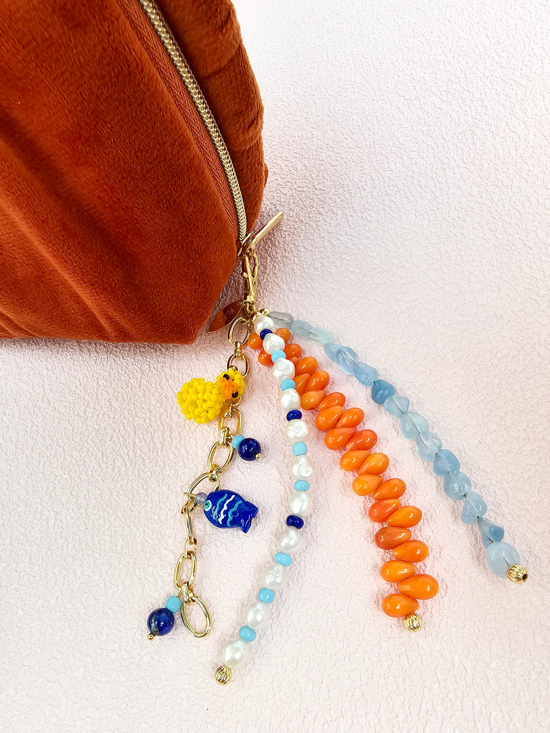 Duck & Fish Coral Aquamarine And Pearls Tassel Phone Strap / Bag Charm PC108