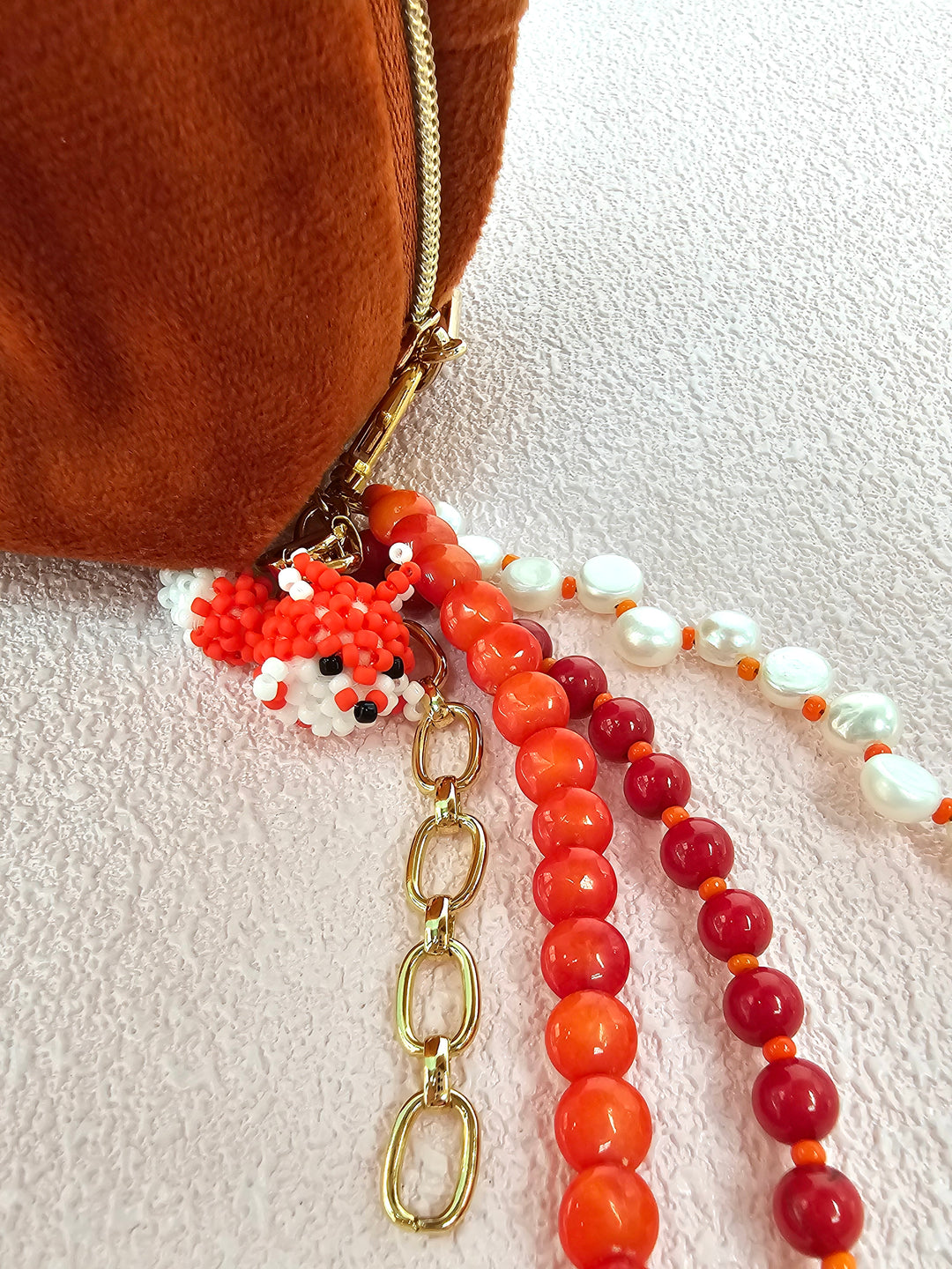 Fox Charm Bamboo Coral And Pearls Tassel Phone Strap / Bag Charm PC112