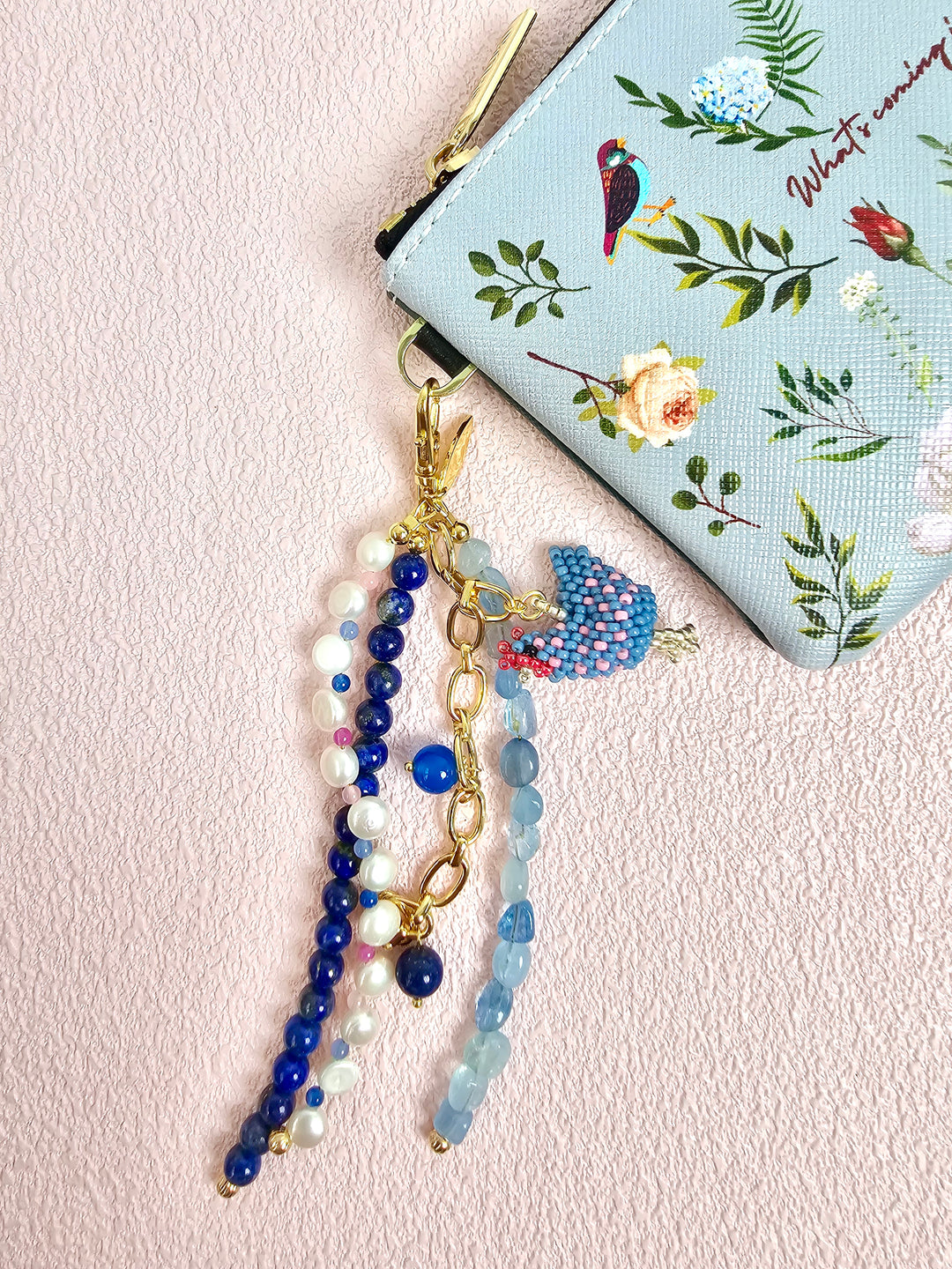 Handcrafted Chicken Charm Lapis Aquamarine And Pearls Tassel Phone Strap/ Bag Charm PC111
