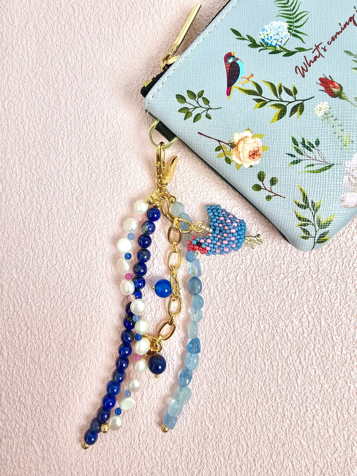 Handcrafted Chicken Charm Lapis Aquamarine And Pearls Tassel Phone Strap/ Bag Charm PC111