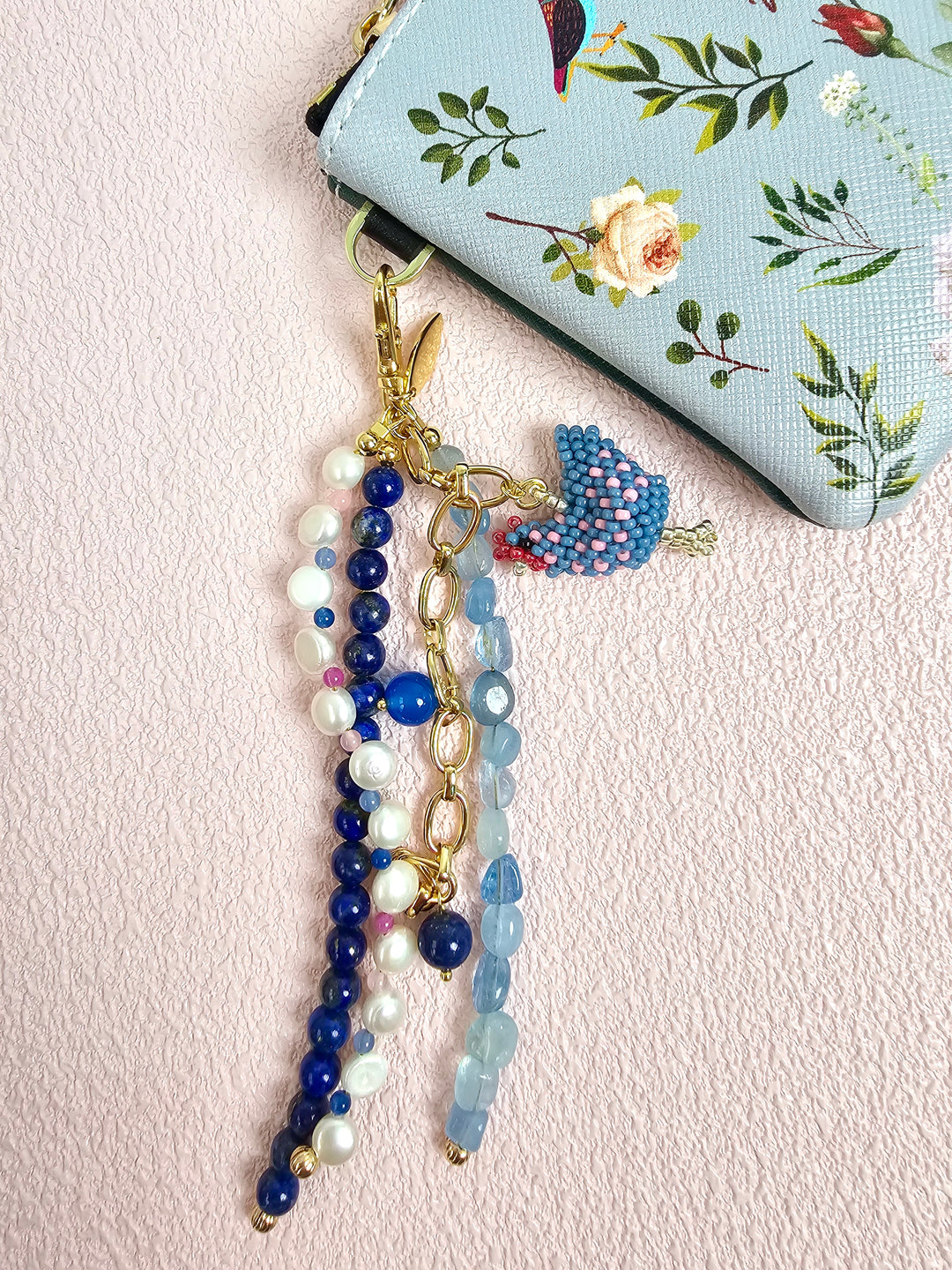 Handcrafted Chicken Charm Lapis Aquamarine And Pearls Tassel Phone Strap/ Bag Charm PC111