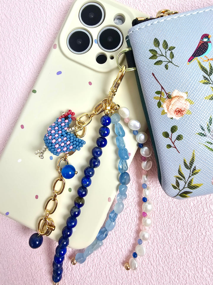 Handcrafted Chicken Charm Lapis Aquamarine And Pearls Tassel Phone Strap/ Bag Charm PC111