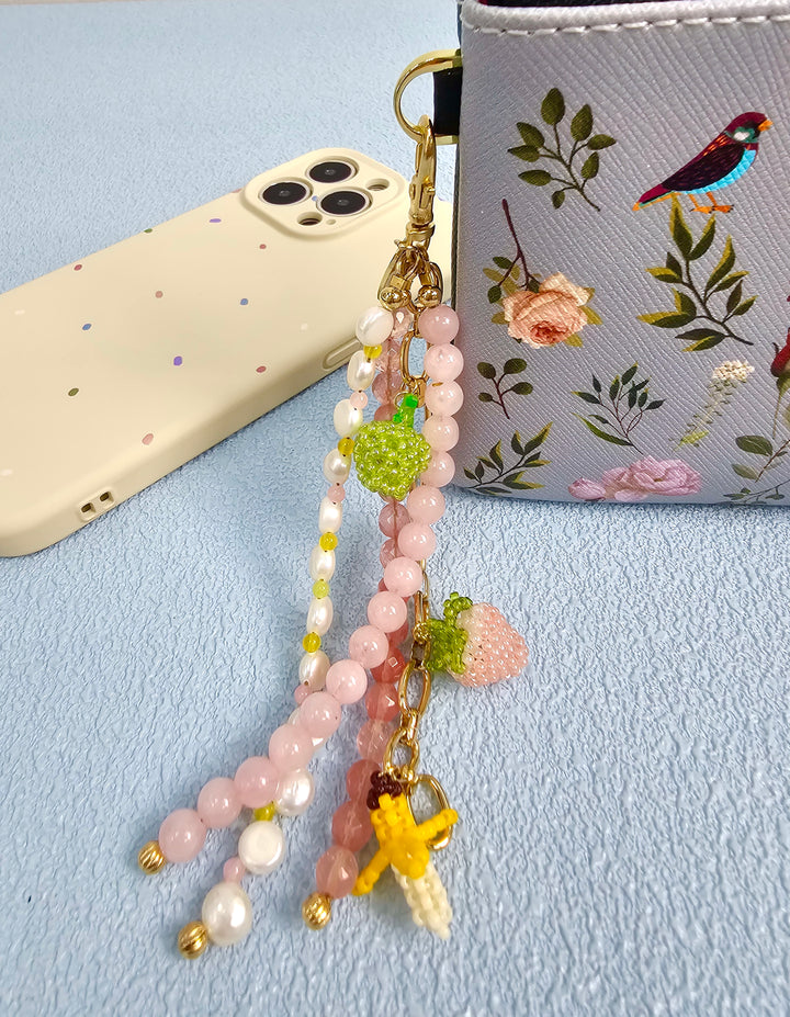 Fruit Charm Pink Gemstone And Pearl Phone Strap / Bag Charm PC103