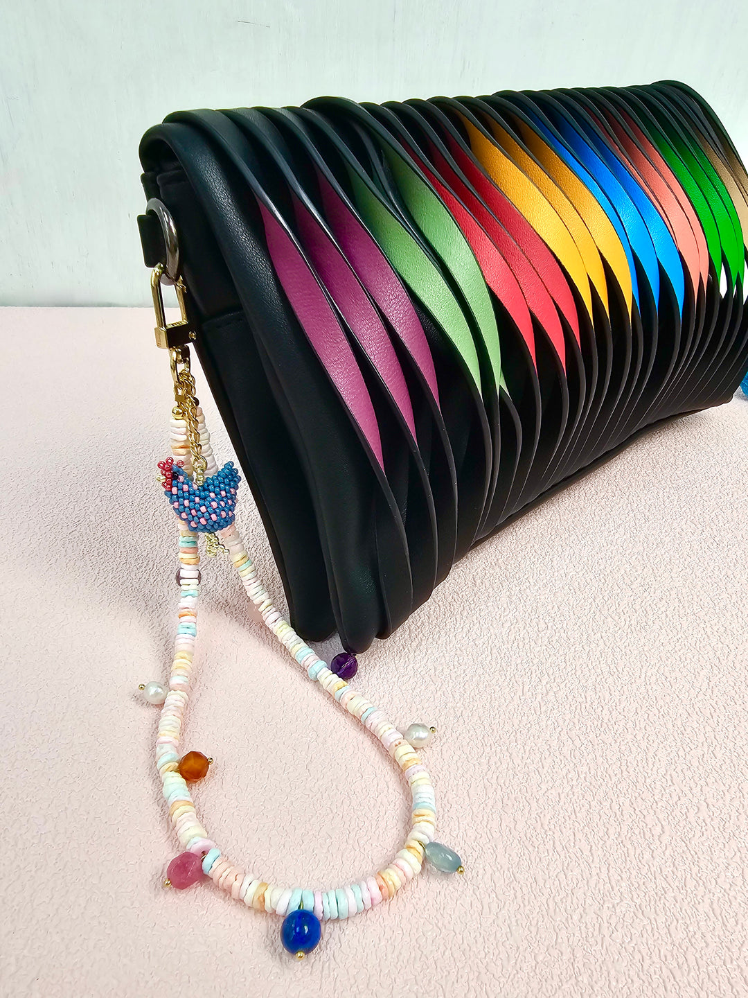 Pink Shell With Handcrafted Chicken Charm And Colorful Gemstone Phone Strap PC143