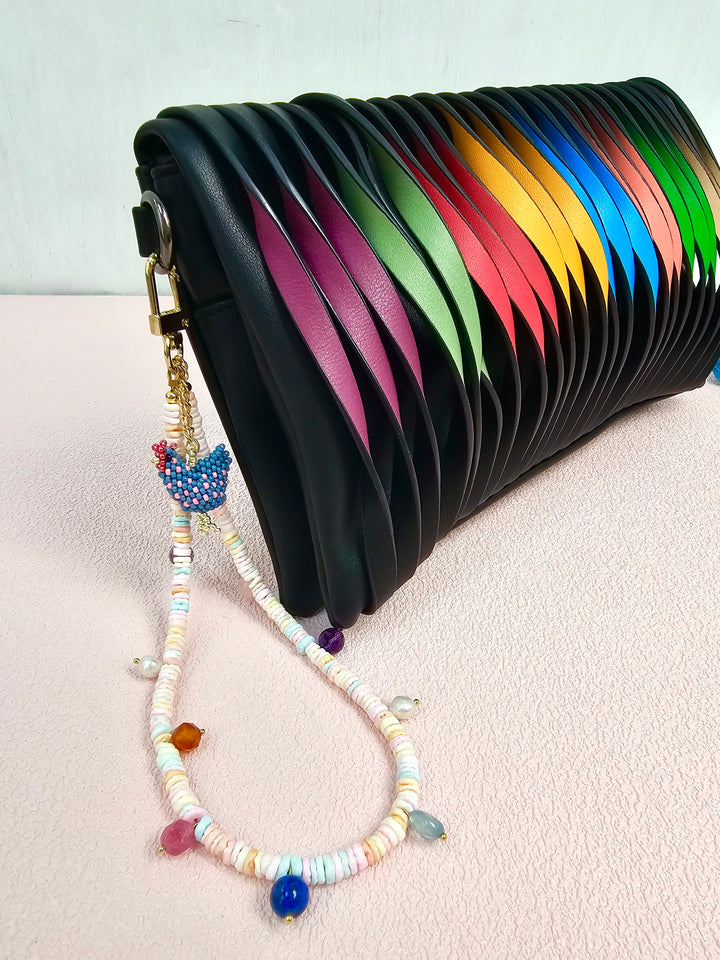 Pink Shell With Handcrafted Chicken Charm And Colorful Gemstone Phone Strap PC143