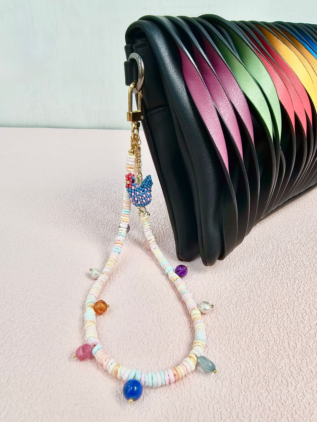 Pink Shell With Handcrafted Chicken Charm And Colorful Gemstone Phone Strap PC143