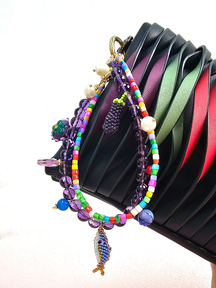 Playful Fish & Eggplant Charm Amethyst Bag Charm PC116