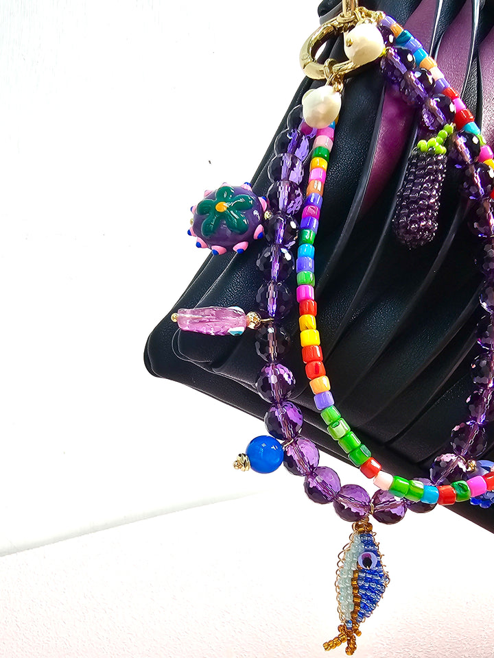 Playful Fish & Eggplant Charm Amethyst Bag Charm PC116