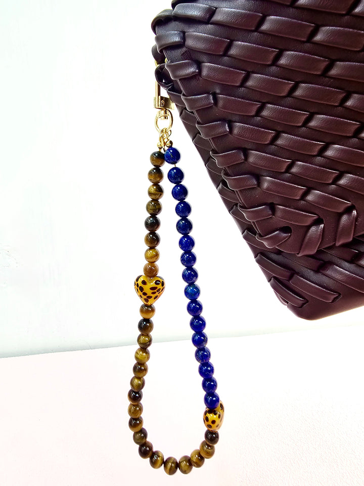 Lapis Lazuli Tiger Eye Stone And Leopard Print Heart Phone Strap PC144