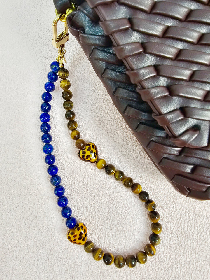 Lapis Lazuli Tiger Eye Stone And Leopard Print Heart Phone Strap PC144