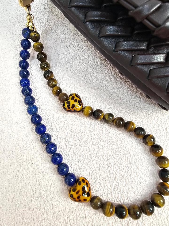 Lapis Lazuli Tiger Eye Stone And Leopard Print Heart Phone Strap PC144