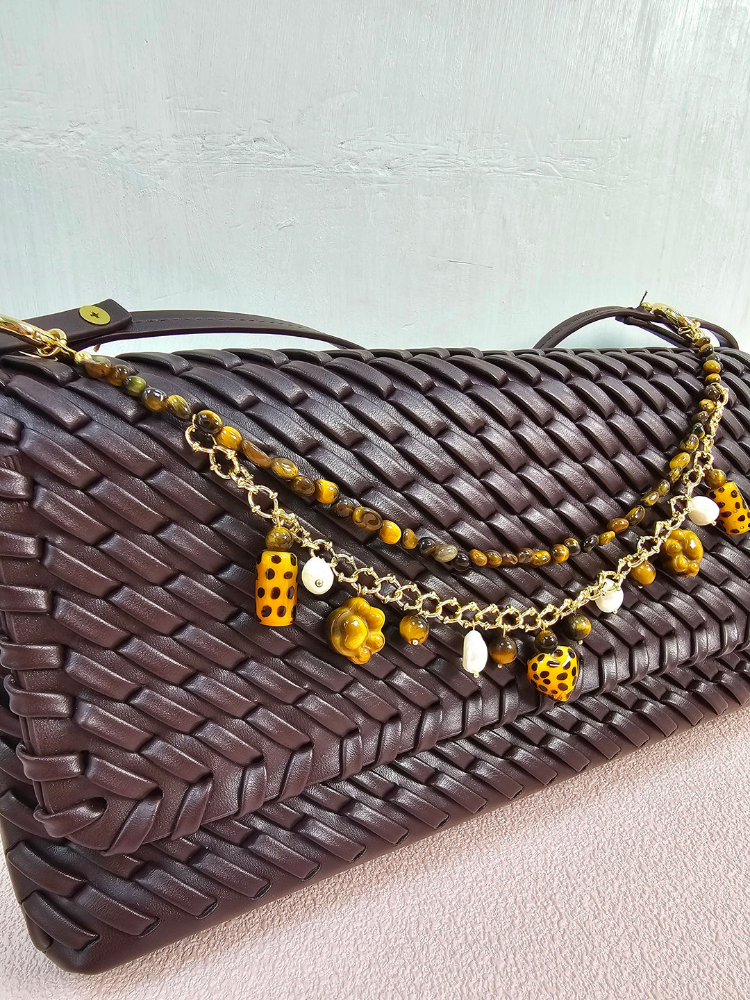 Leopard Print Tiger-Eye Stone And Pearls Layered Bag Charm PC113