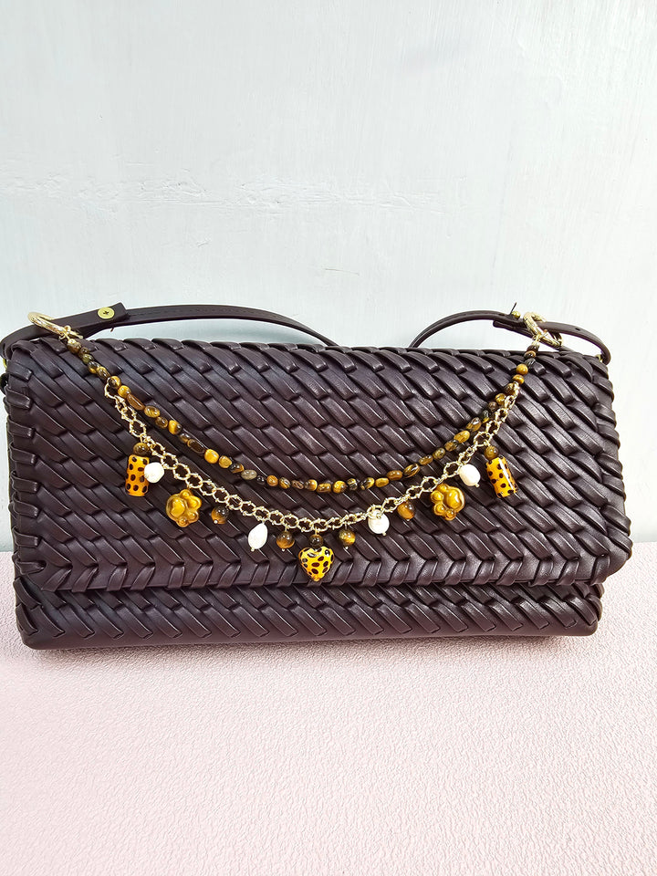 Leopard Print Tiger-Eye Stone And Pearls Layered Bag Charm PC113