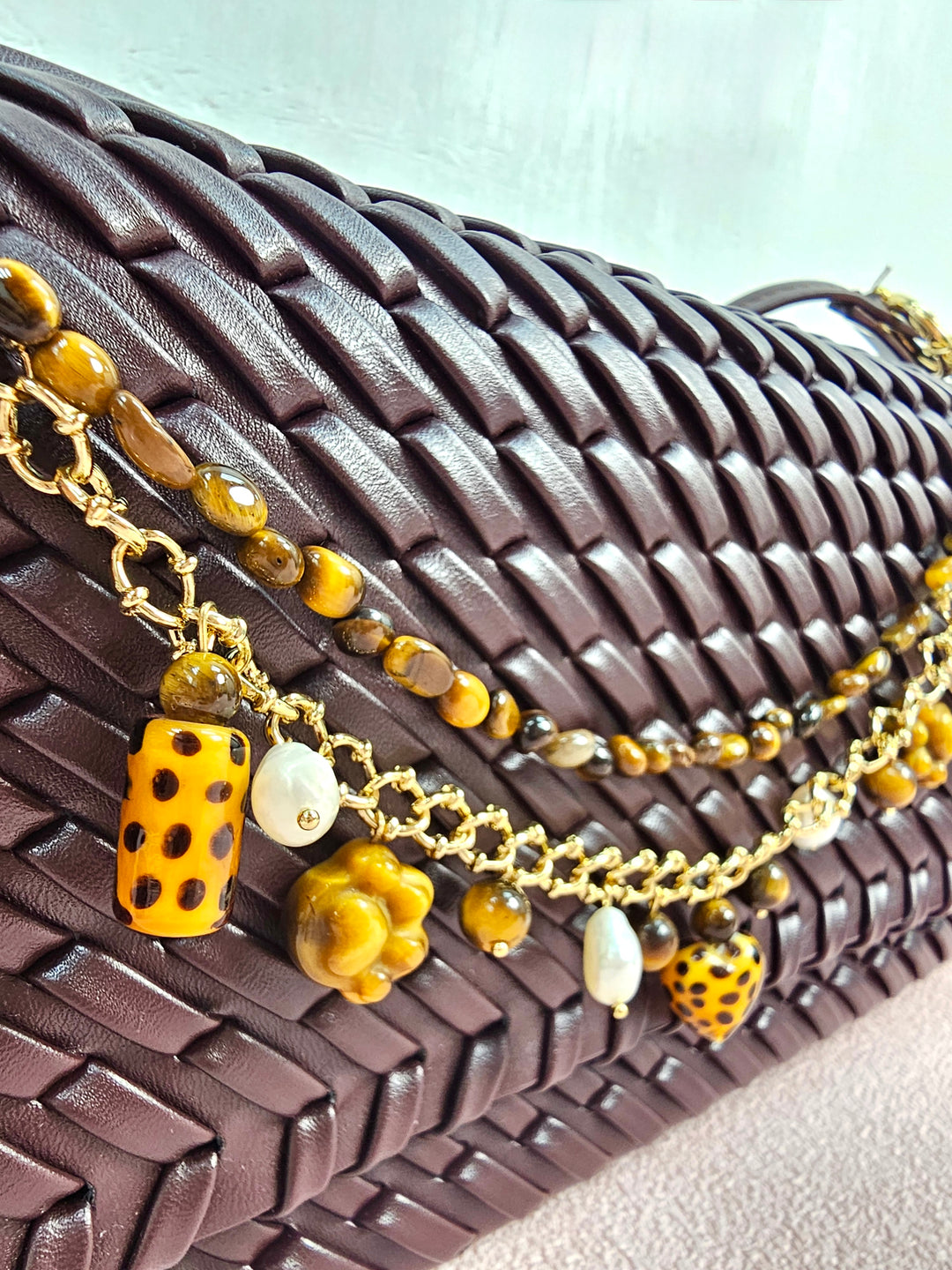 Leopard Print Tiger-Eye Stone And Pearls Layered Bag Charm PC113