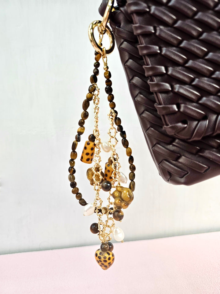Leopard Print Tiger-Eye Stone And Pearls Layered Bag Charm PC113