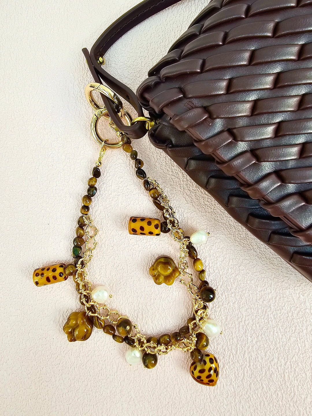 Leopard Print Tiger-Eye Stone And Pearls Layered Bag Charm PC113
