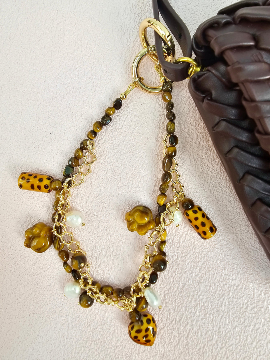 Leopard Print Tiger-Eye Stone And Pearls Layered Bag Charm PC113