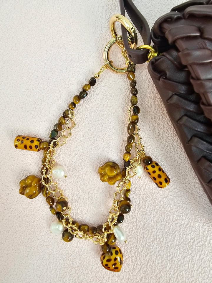 Leopard Print Tiger-Eye Stone And Pearls Layered Bag Charm PC113