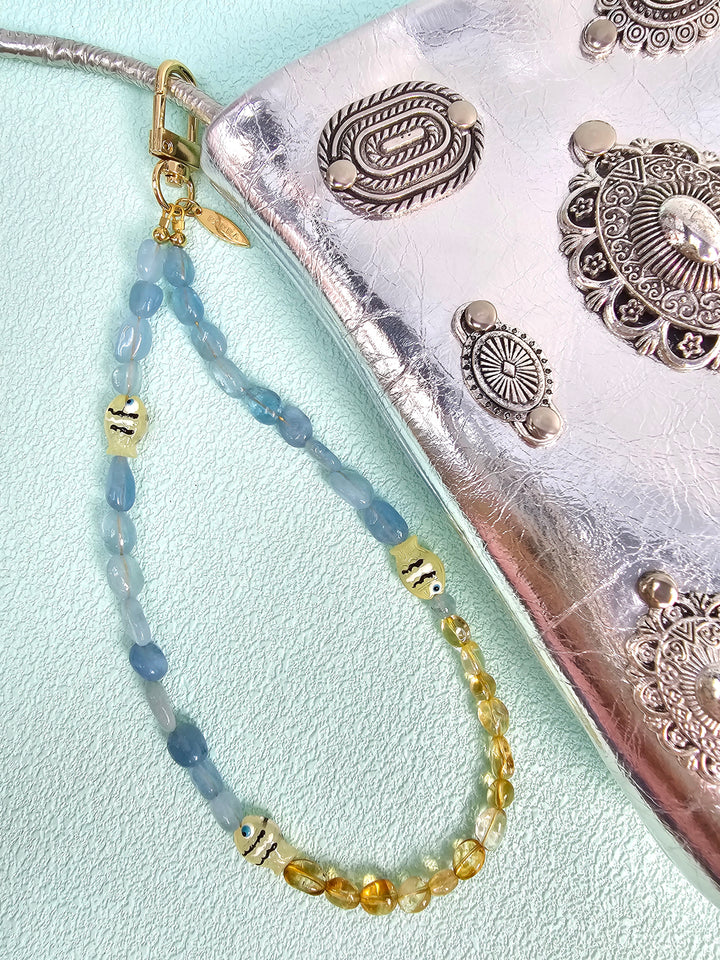 Ocean Inspired Citrine And Aquamarine With Fish Phone Strap PC128