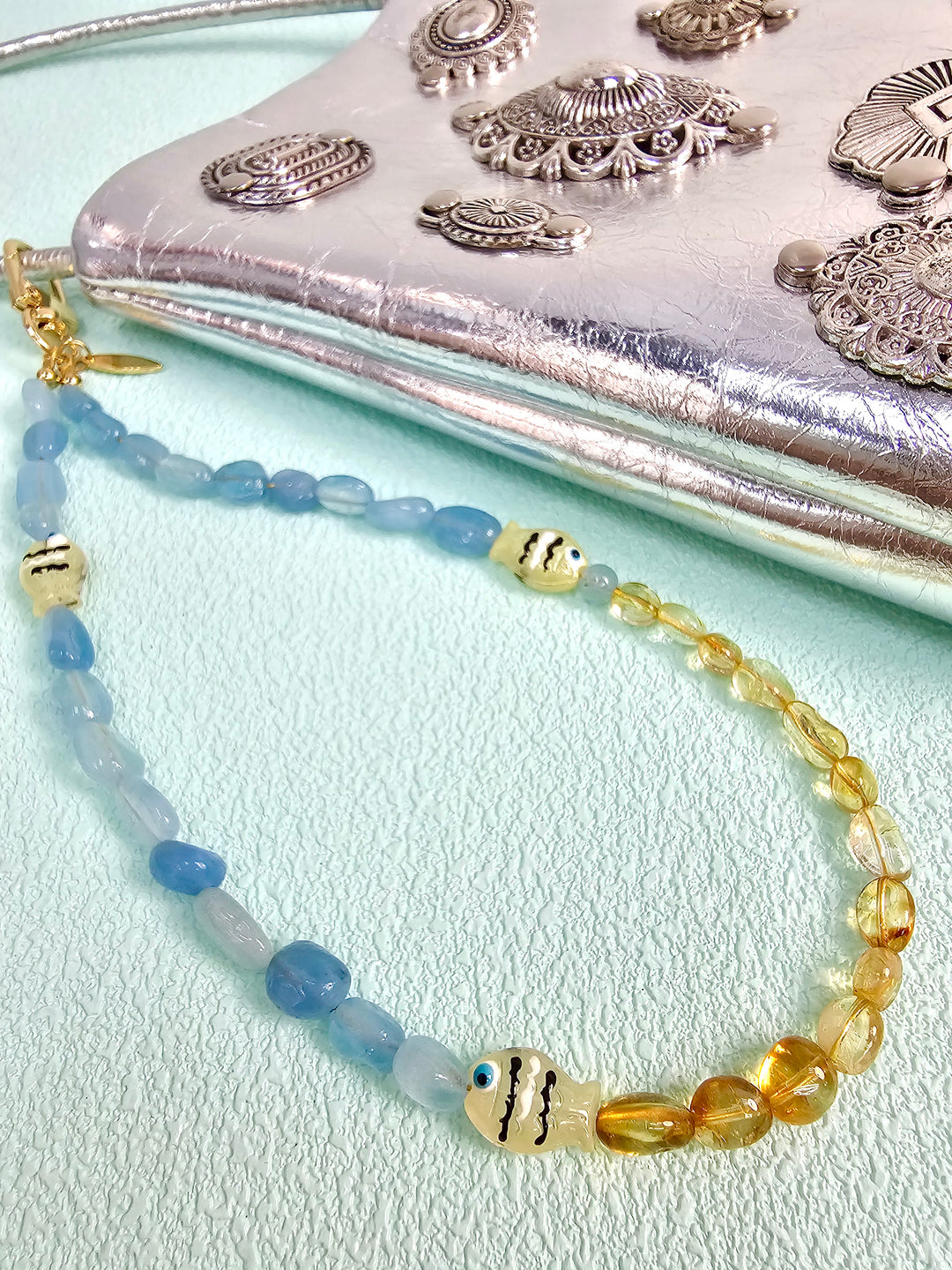 Ocean Inspired Citrine And Aquamarine With Fish Phone Strap PC128
