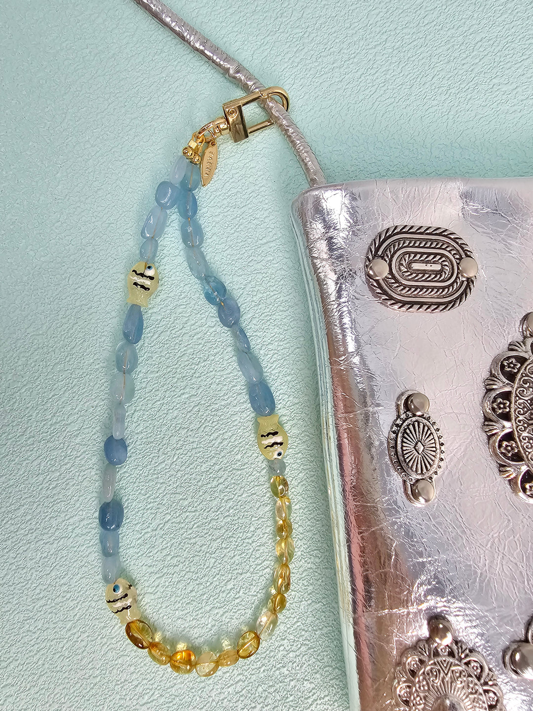 Ocean Inspired Citrine And Aquamarine With Fish Phone Strap PC128