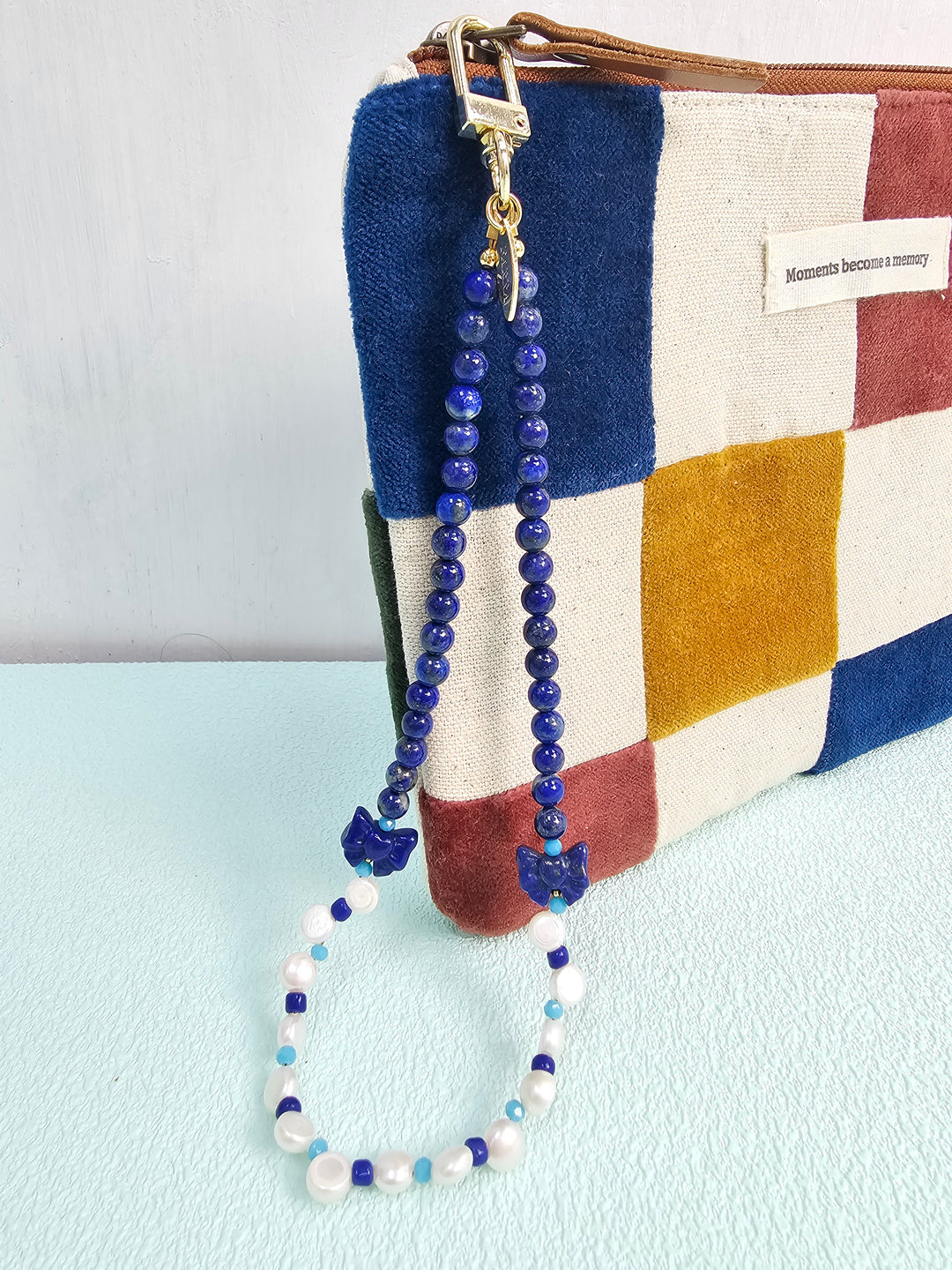 Butterfly Lapis Lazuli And Freshwater Pearl Phone Strap / Bag Charm PC140