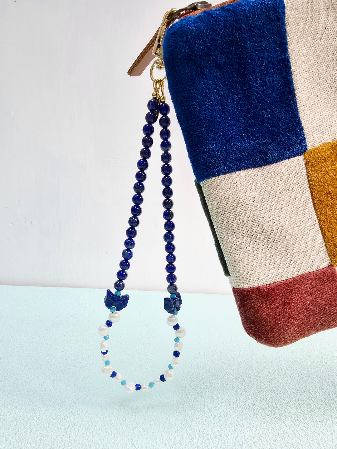 Butterfly Lapis Lazuli And Freshwater Pearl Phone Strap / Bag Charm PC140