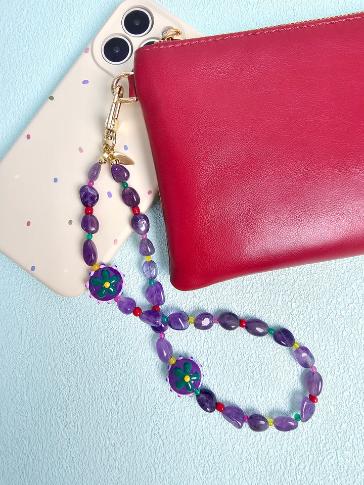 Natural Amethyst With Flower Charm Phone Strap PC130
