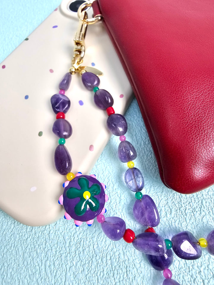 Natural Amethyst With Flower Charm Phone Strap PC130