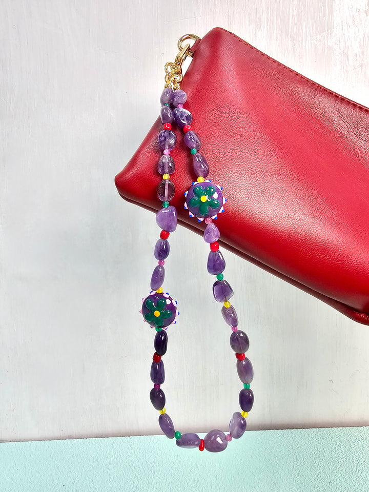 Natural Amethyst With Flower Charm Phone Strap PC130