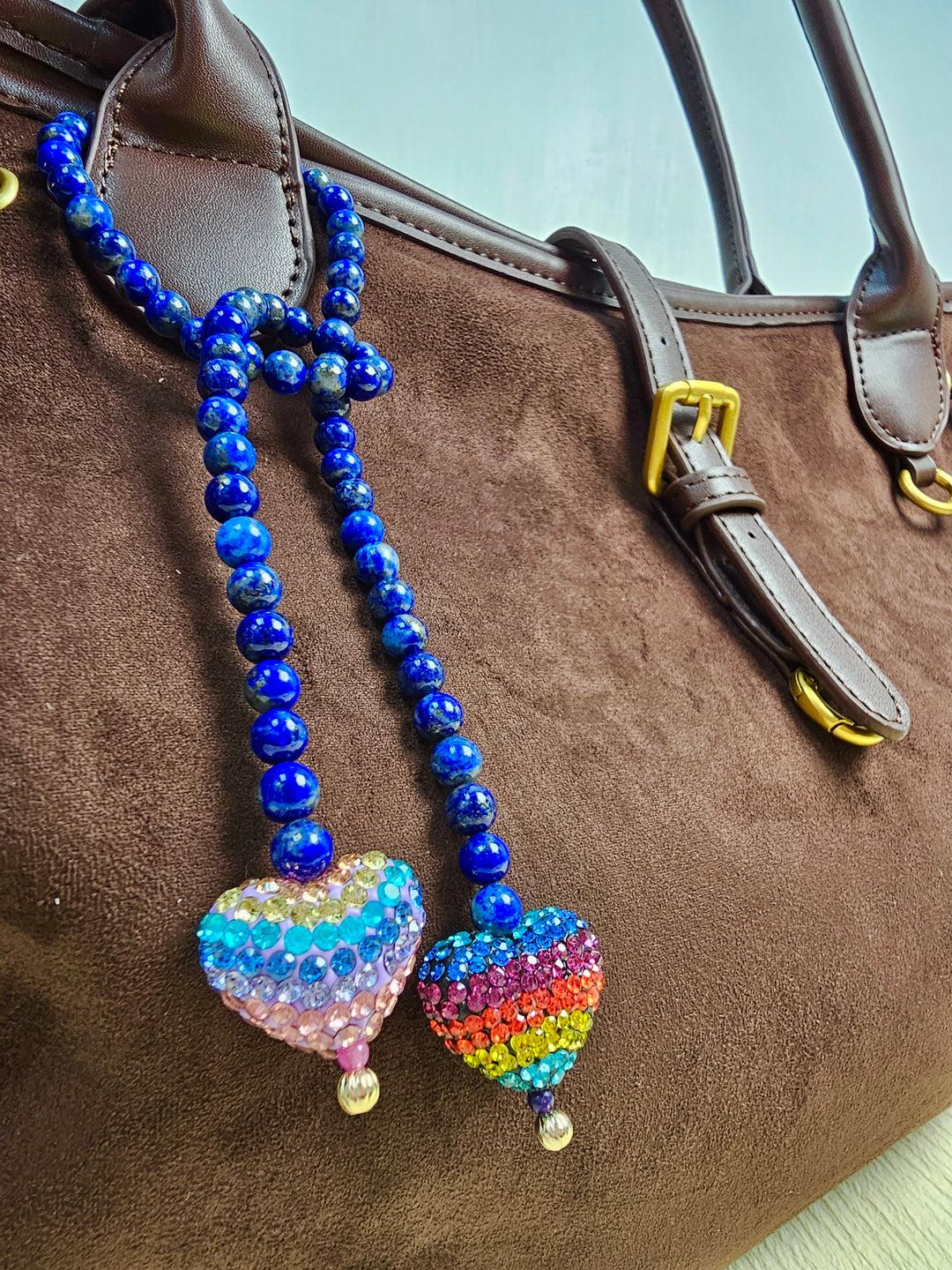 Lapis Lazuli With Rhinestone Heart Open-Ended Versatile Handbag Charm PC117