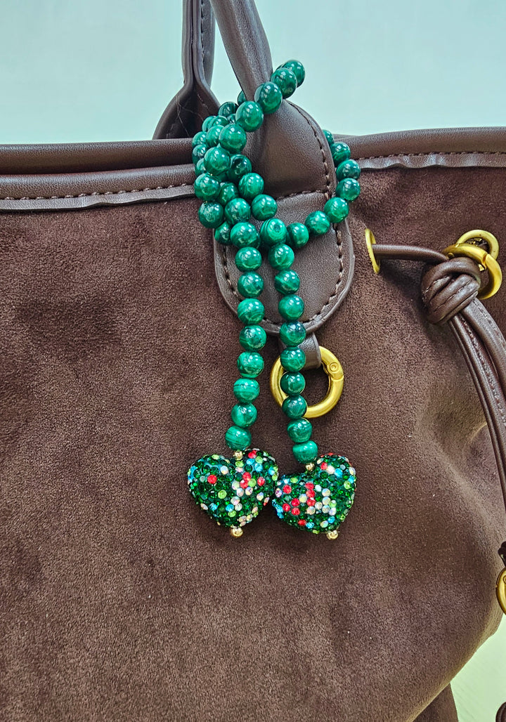 Malachite With Rhinestone Heart Open-Ended Versatile Bag Charm PC119