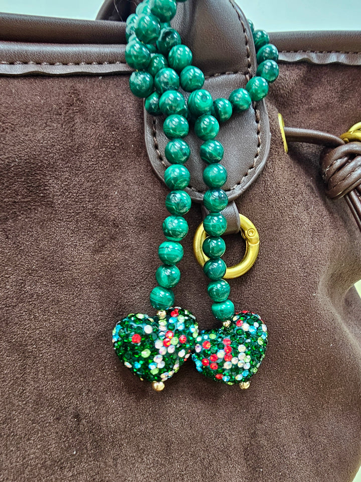 Malachite With Rhinestone Heart Open-Ended Versatile Bag Charm PC119