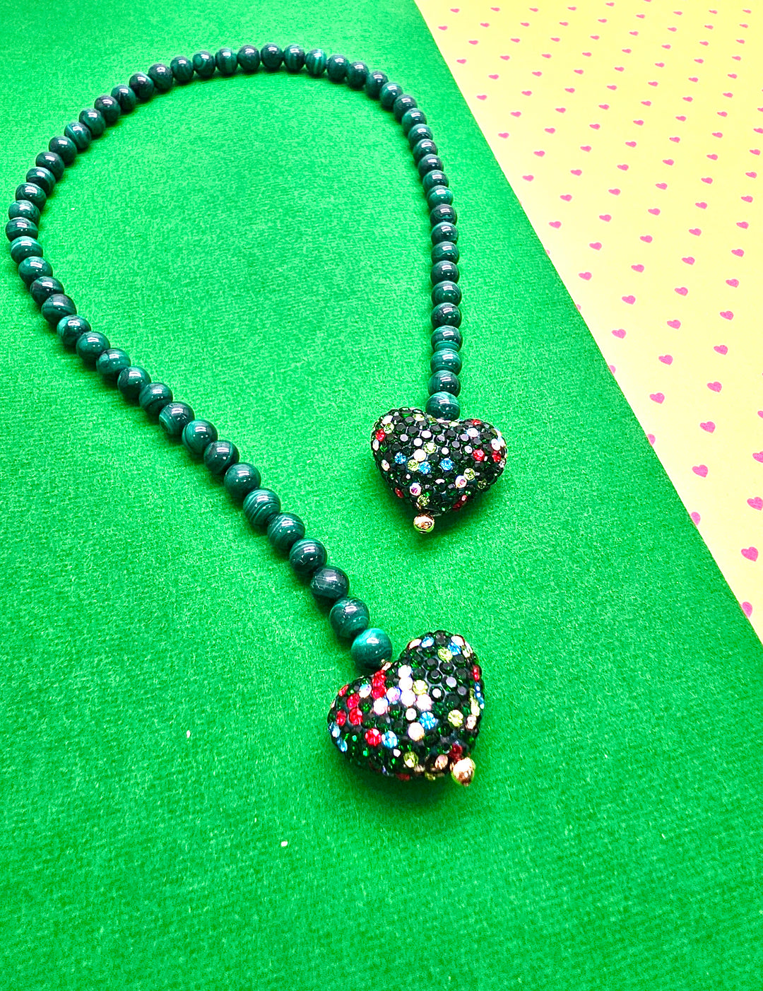 Malachite With Rhinestone Heart Open-Ended Versatile Bag Charm PC119