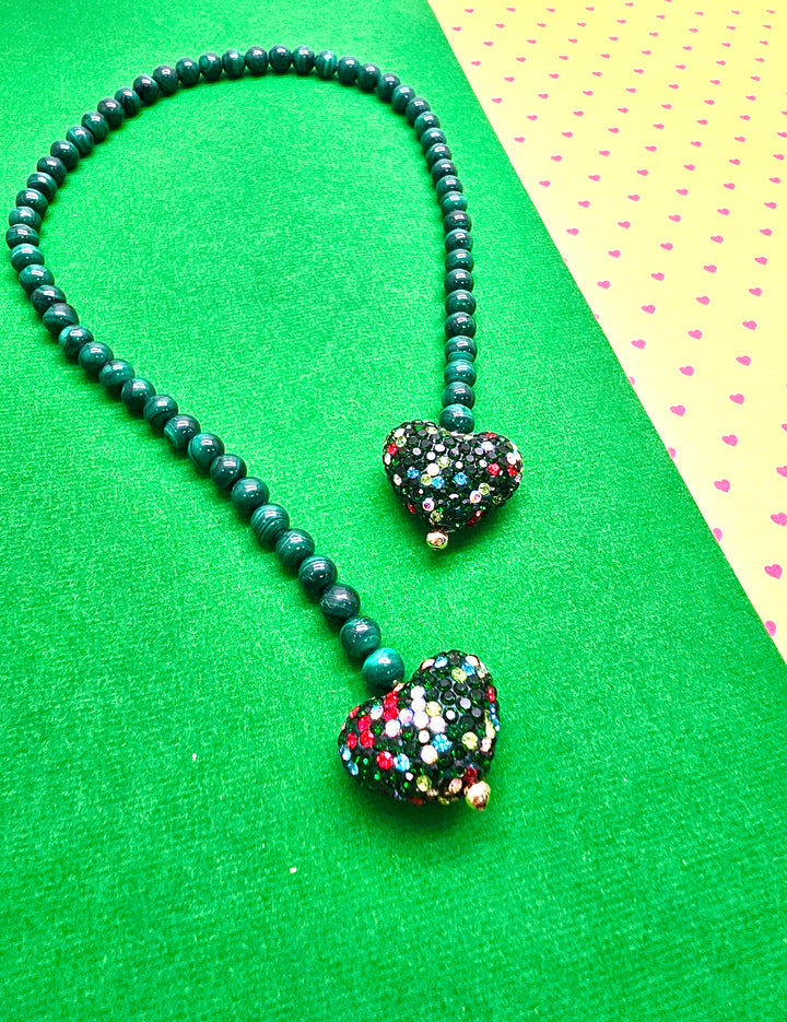 Malachite With Rhinestone Heart Open-Ended Versatile Bag Charm PC119
