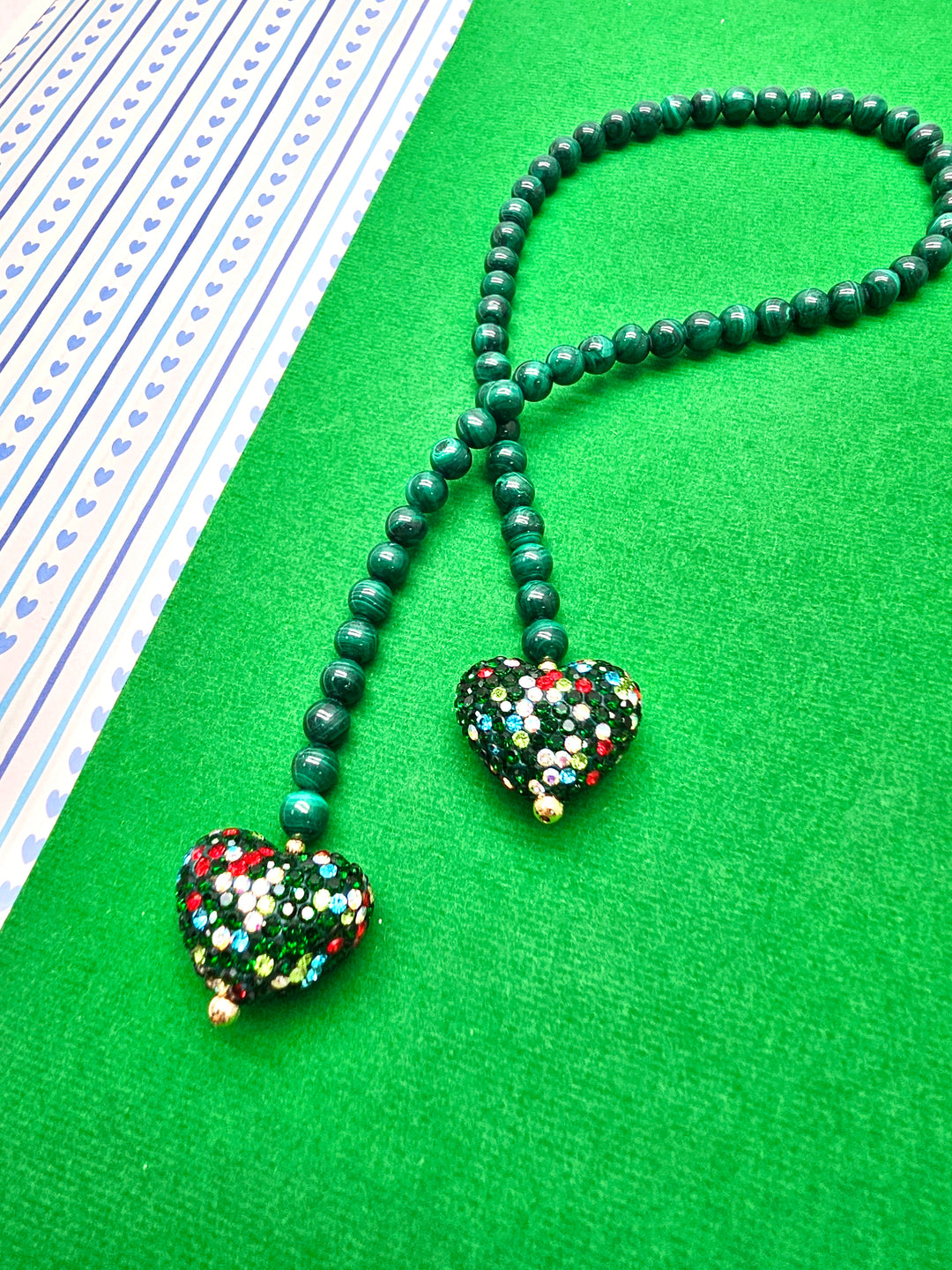 Malachite With Rhinestone Heart Open-Ended Versatile Bag Charm PC119