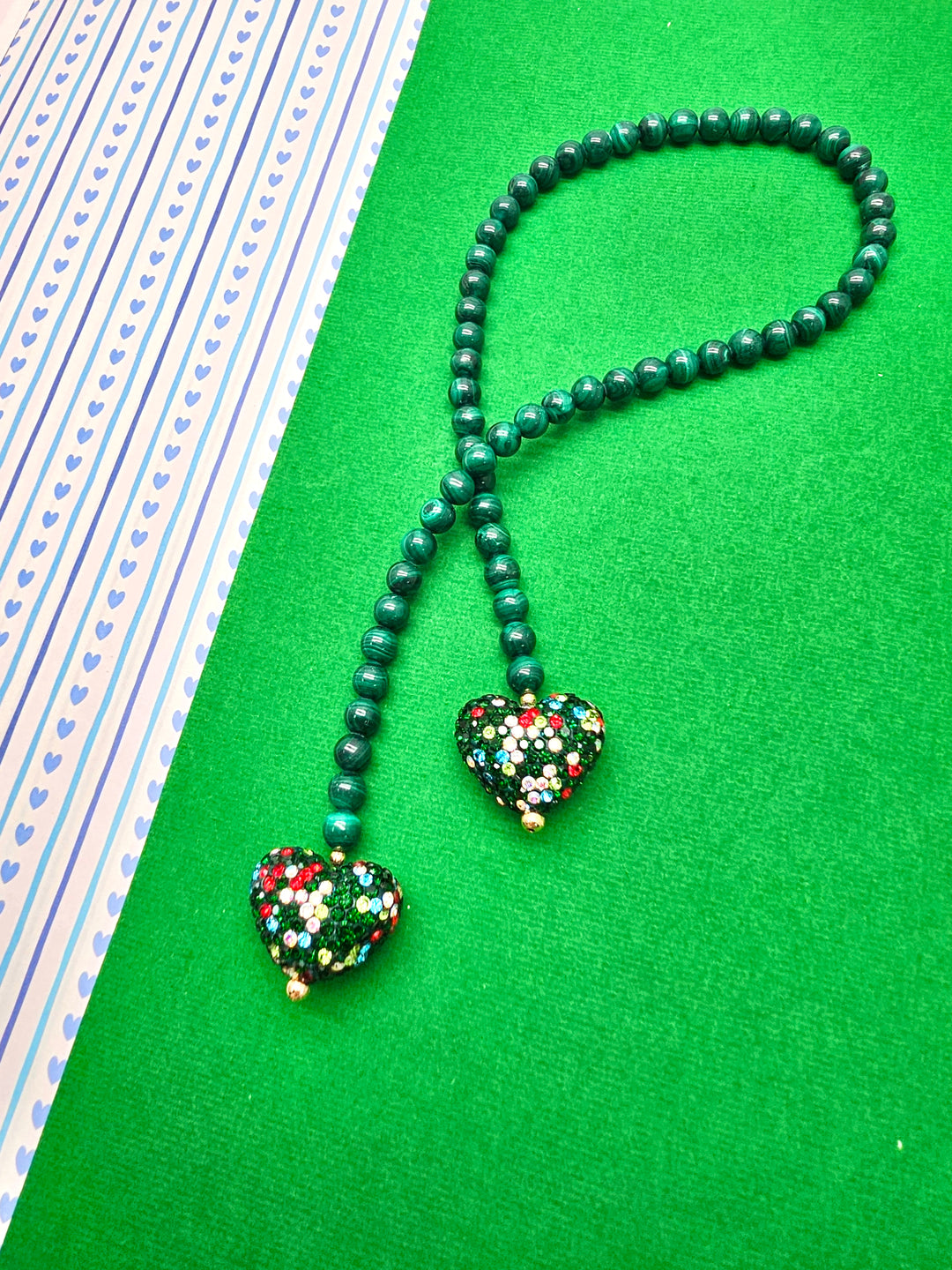 Malachite With Rhinestone Heart Open-Ended Versatile Bag Charm PC119
