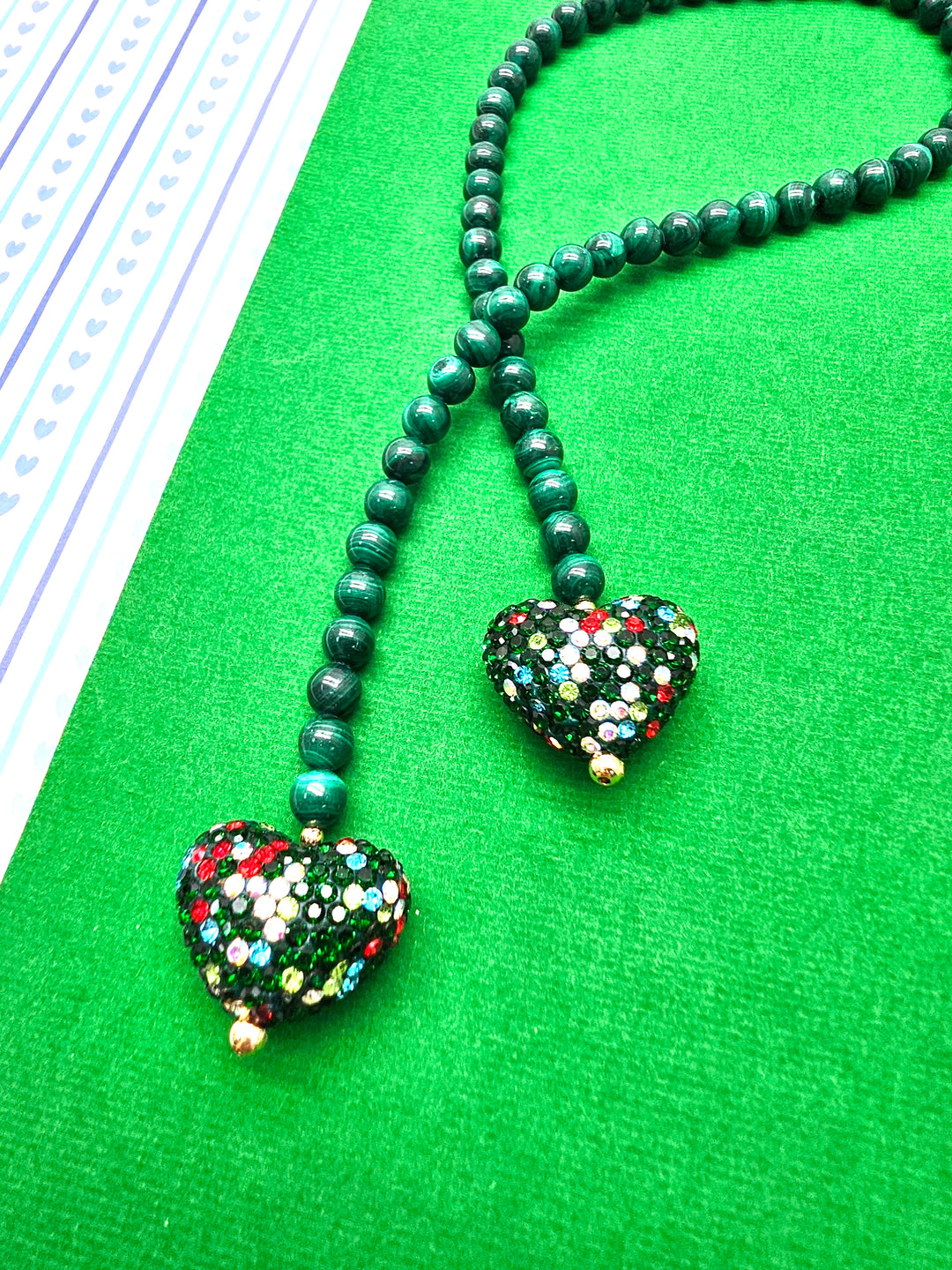 Malachite With Rhinestone Heart Open-Ended Versatile Bag Charm PC119