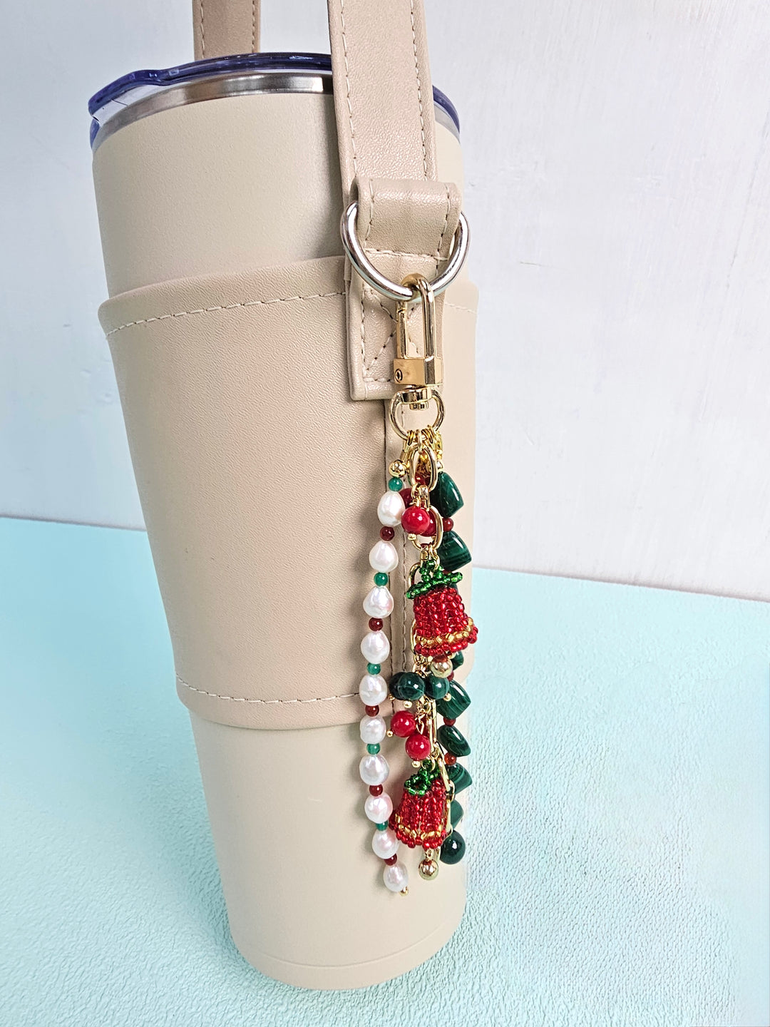Christmas Bell Malachite And Bamboo Coral And Pearls Tassel Phone Strap/ Bag Charm PC109