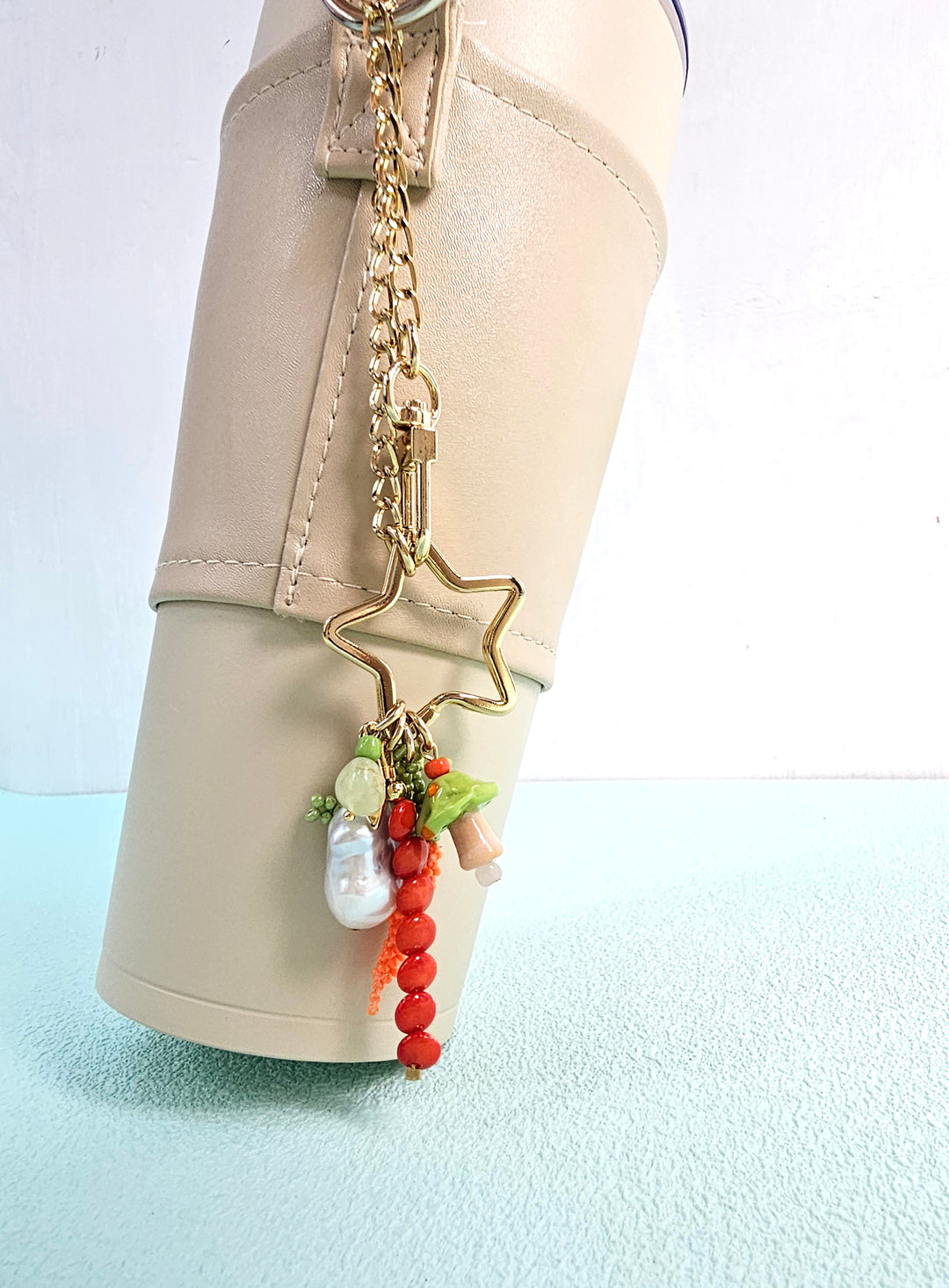 Baroque Pearl Bamboo Coral And Handcrafted Carrot Bag Charm PC145