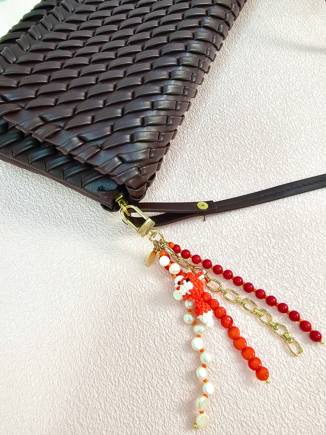 Fox Charm Bamboo Coral And Pearls Tassel Phone Strap / Bag Charm PC112