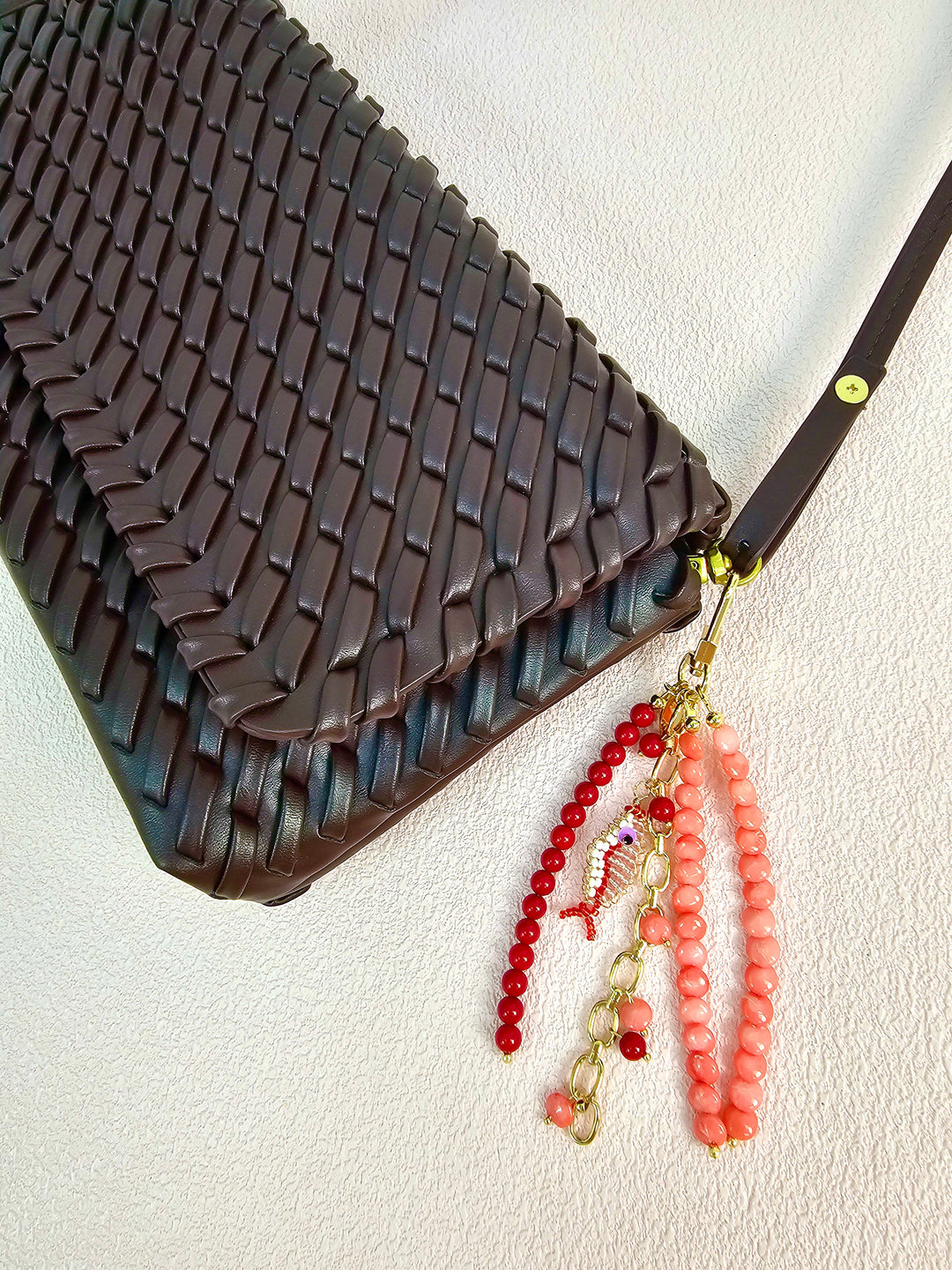 Fish Charm Pink & Red Bamboo Coral Phone Strap / Bag Charm PC102