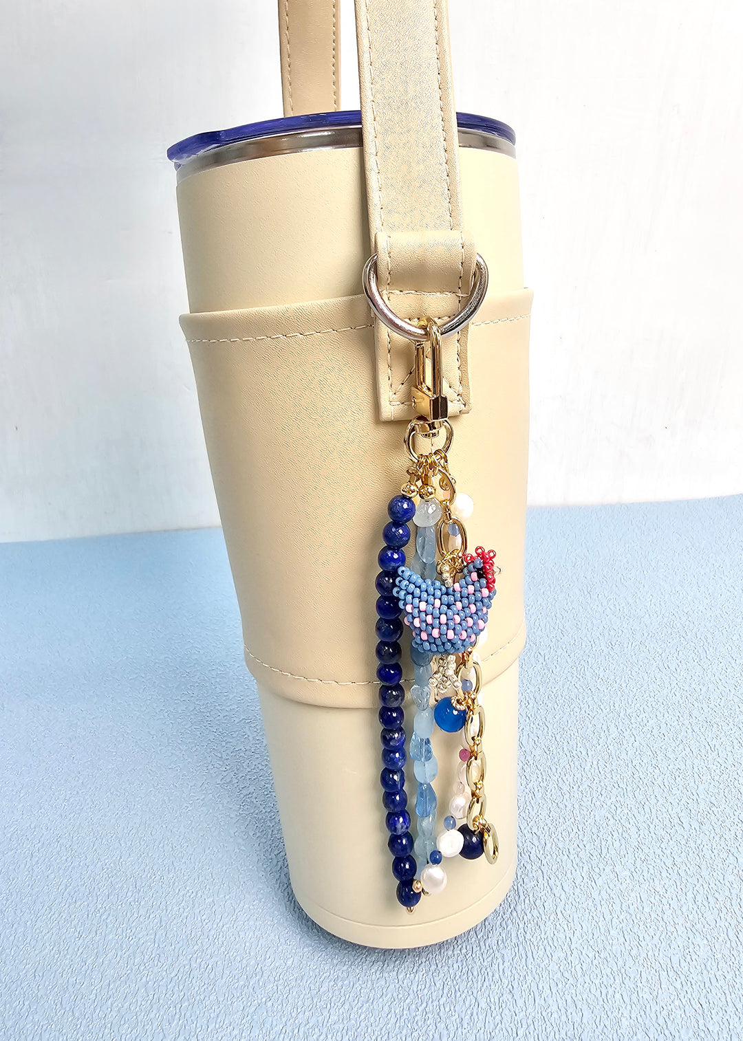 Handcrafted Chicken Charm Lapis Aquamarine And Pearls Tassel Phone Strap/ Bag Charm PC111