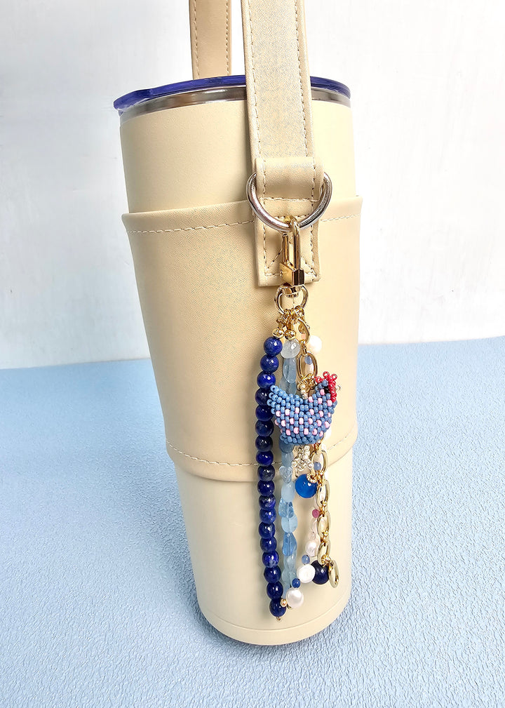 Handcrafted Chicken Charm Lapis Aquamarine And Pearls Tassel Phone Strap/ Bag Charm PC111